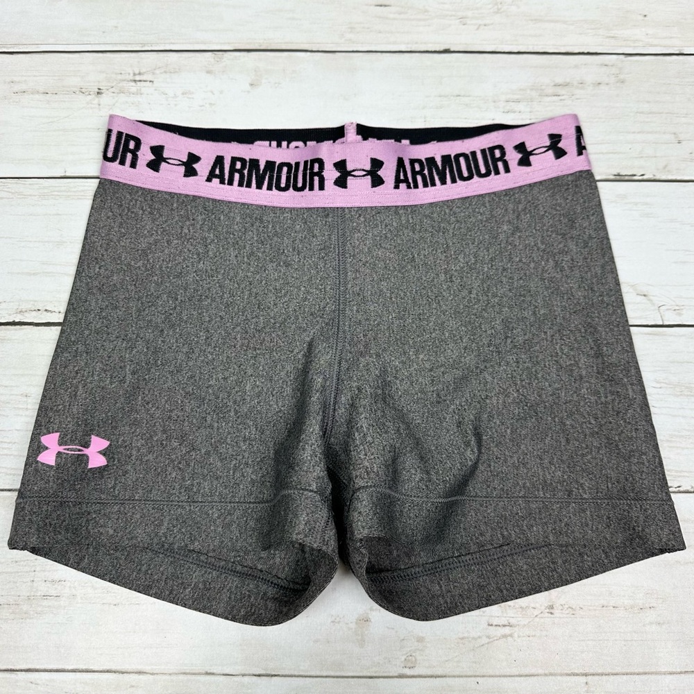Under Armor Gray Purple Waistband Compression Shorts Athletic Workout